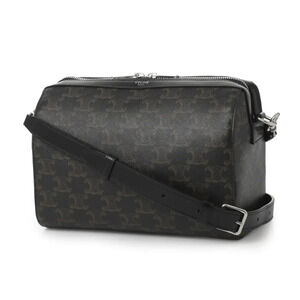 Celine Triomphe Canvas Leather Zip Crossbody Bag Black Brown